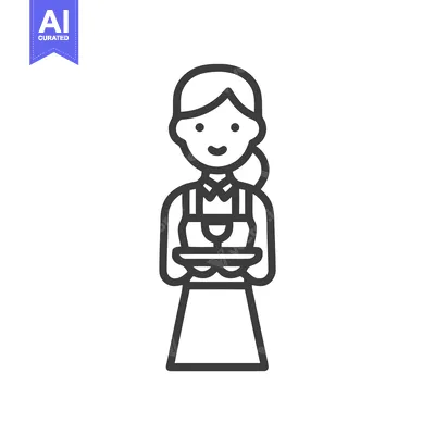 Friendly Waitress in Apron Serving Wine, Minimalist Line Icon