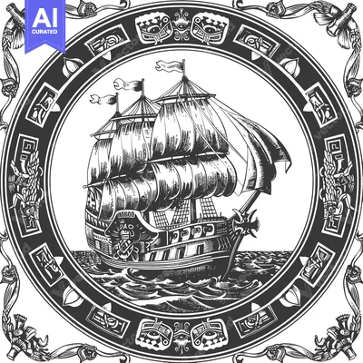 Aset premium populer: A Black and White Illustration of a Sailing Ship with Ornate Framing