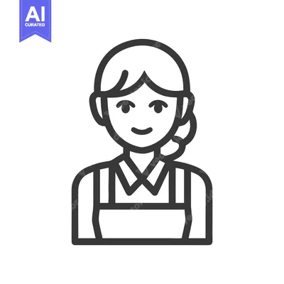 Friendly Female Worker with Apron and Ponytail, Minimalist Line Art Ic
