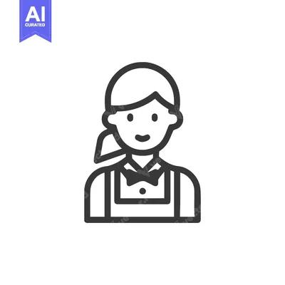 Clean Line Icon of a Friendly Waitress with Ponytail and Bow Tie