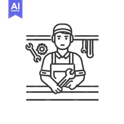 Workshop Professional: Line Art Icon of a Mechanic with Tools