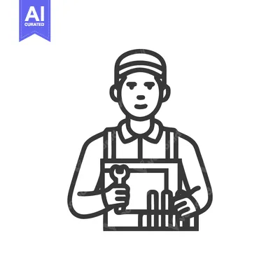 Skilled Mechanic with Toolbox and Wrench, Professional Worker Line Art