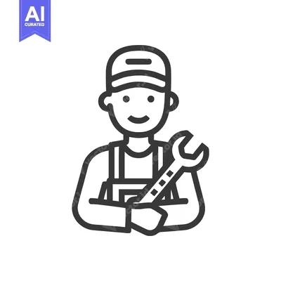 Friendly Mechanic with Wrench, Minimalist Line Art Icon for Service