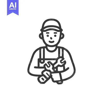 Friendly Mechanic in Overalls Holding Wrenches, Minimalist Line Art Ic