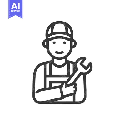 Aset premium populer: Smiling Worker in Cap and Overalls Holding Wrench Line Icon