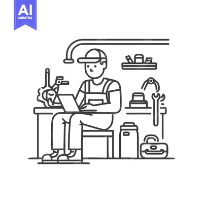 Modern Technician Diagnosing with Laptop in a Workshop Line Art