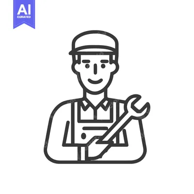 Smiling Mechanic in Overalls Holding Wrench, Minimalist Line Art Icon