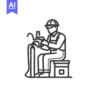 Aset premium populer: Bold Outline Icon of a Seated Welder with Helmet and Torch Working on
