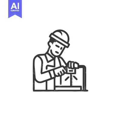 Minimalist line art icon of a worker in a hard hat operating a precisi