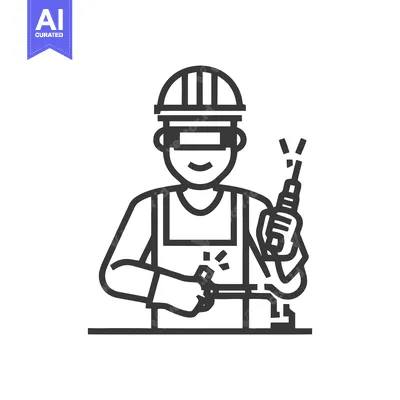 Aset desain premium: Smiling Industrial Welder with Torch, Minimalist Line Art Icon