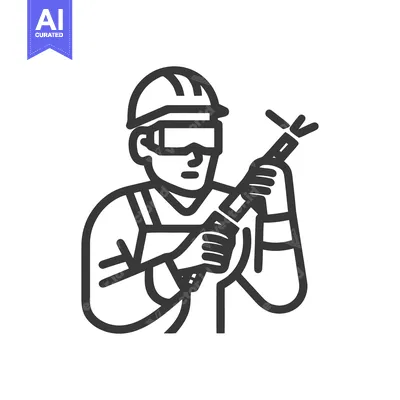 Modern Line Art Icon of a Welder in Hard Hat Holding a Welding Torch