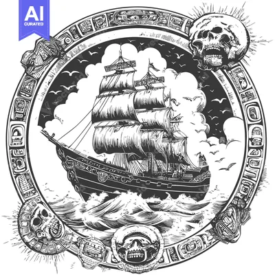 Aset premium populer: A Black and White Illustration of a Ship Surrounded by Skulls and Azte