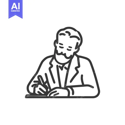 Elegant Line Art of a Bearded Scholar Writing at a Desk