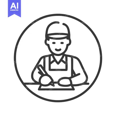 Friendly worker in a cap writing at a desk, a minimalist circular line