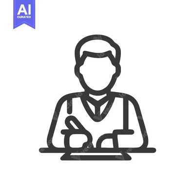 Aset desain premium: Professional Man Writing at Desk, Minimalist Line Art Icon