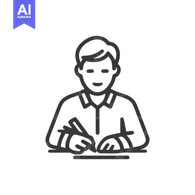 Focused Individual Writing at a Desk, Minimalist Line Art Icon