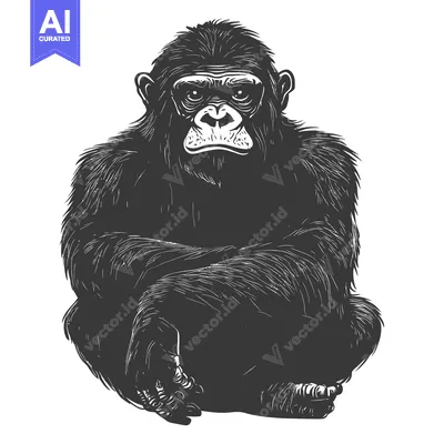 A Black and White Illustration of a Sitting Gorilla