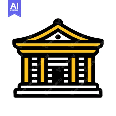 Stylized Asian Temple Icon with Bold Black Outline and Golden Accents