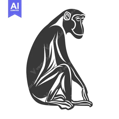 A Black and White Illustration of a Sitting Monkey