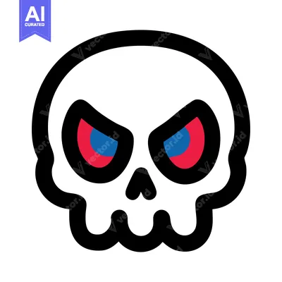 Premium design asset: Bold Cartoon Skull with Red/Blue Eyes, Black Outline, White Background