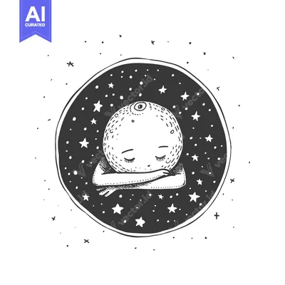 A Black and White Illustration of a Sleeping Moon with Stars
