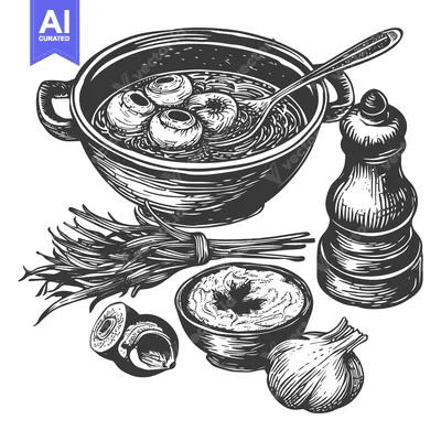 A monochrome illustration of soup and various food ingredients