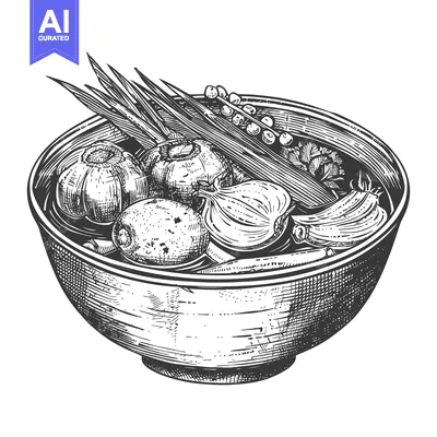 Popular premium asset: A Detailed Engraving Depicting a Bowl Filled with Various Vegetables