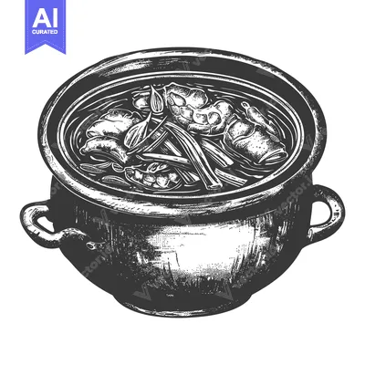 A vintage illustration of a pot full of cooked food