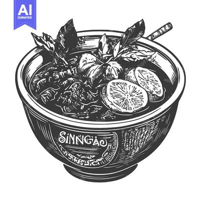 A drawing depicts a bowl of food with ingredients and a spoon