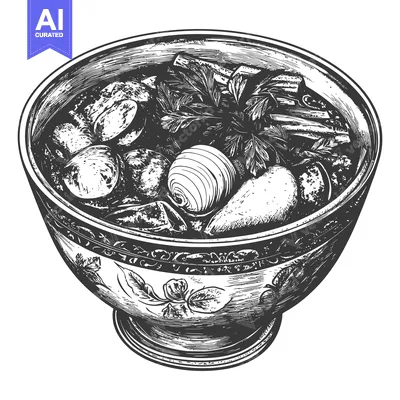 Premium design asset: A decorative bowl filled with a flavorful soup or stew