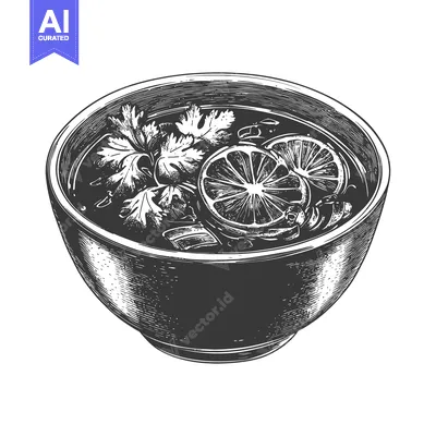 Aset desain premium: A bowl of soup with sliced lemon and herbs