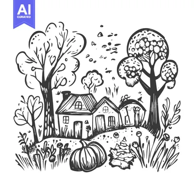 A Black and White Illustration of a Small House in a Wooded Area with