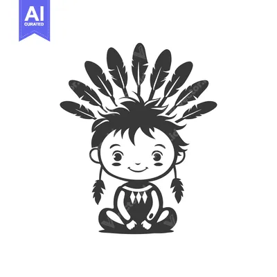 Aset desain premium: Sitting cartoon Native American with feathers