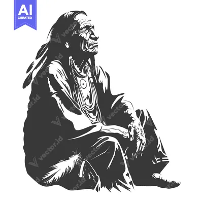 Sitting Native American Man with Feathers and Jewelry