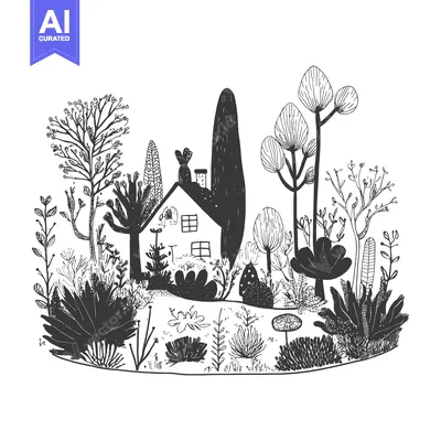 A Black and White Illustration of a Small House Surrounded by Lush Fol