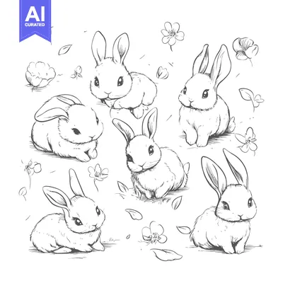 Six Adorable Hand-Drawn Bunnies with Flowers and Leaves