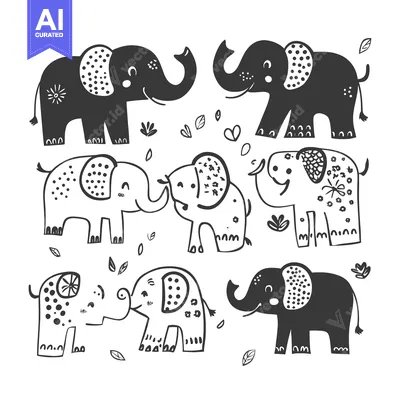 Six Black and White Cartoon Elephants with Patterned Details and Leave
