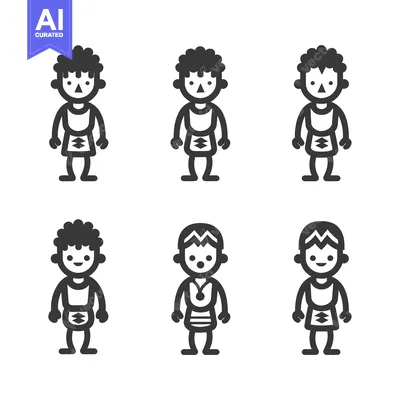 Six Black and White Cartoon Figures with Varying Hairstyles and Facial
