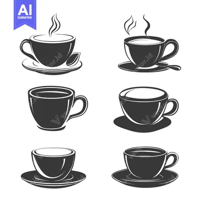 Popular premium asset: Six Black and White Coffee Cups with Steam and Saucers