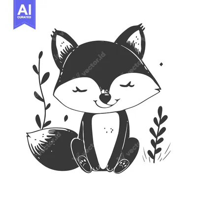 A Black and White Illustration of a Smiling Fox Sitting in Grass