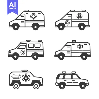 Aset premium populer: Six Black and White Outline Drawings of Ambulance Vehicles