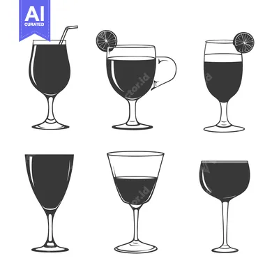 Six Black and White Outline Illustrations of Different Wine Glasses