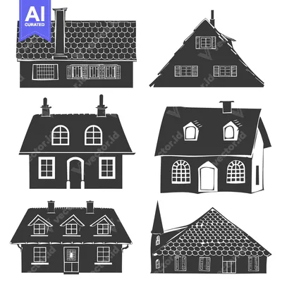 Aset desain premium: Six Black and White Silhouettes of Different Houses