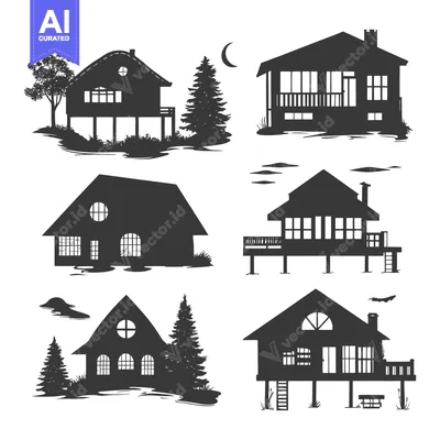 Aset desain premium: Six Black and White Silhouettes of Houses on Stilts