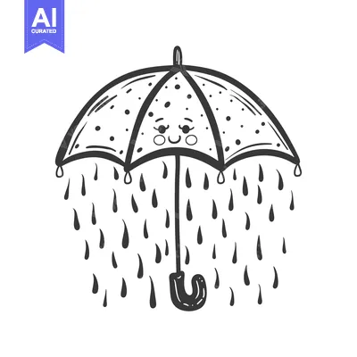 A Black and White Illustration of a Smiling Umbrella with Raindrops Fa