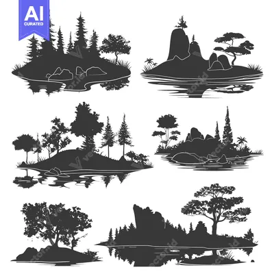 Aset premium populer: Six Black and White Silhouettes of Islands with Different Landscapes a