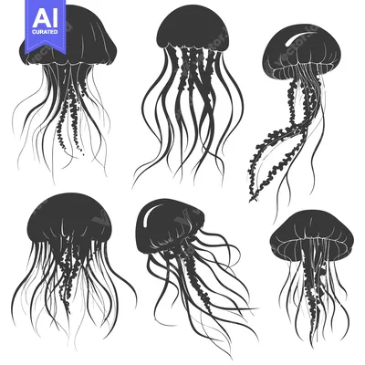 Six Black and White Silhouettes of Jellyfish