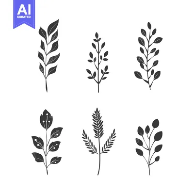 Aset desain premium: Six Black and White Silhouettes of Simple Leaf Branches