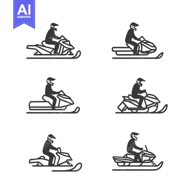 Six Black and White Silhouettes of Snowmobilers