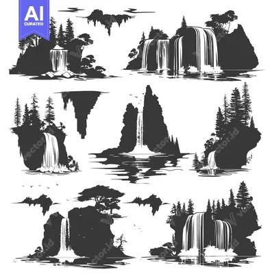 Aset premium populer: Six Black and White Silhouettes of Waterfalls in Nature